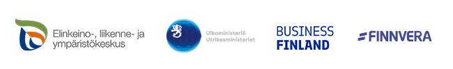 ELY-keskuksen, ulkoministeriön, Business Finlandin ja Finnveran logot.