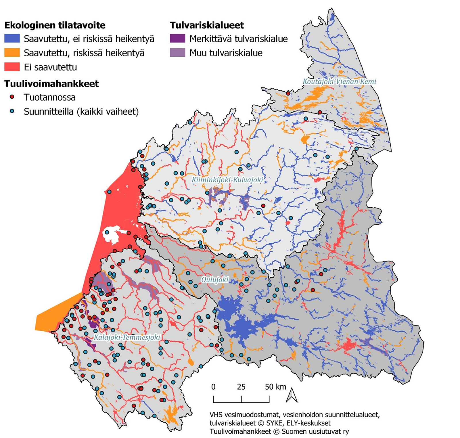 Pohjois-Pohjanmaan kartalle on merkitty vesienhoidon suunnittelualueelle eri vesistöjen ekologinen tilatavoite, tulvariskialueet ja tuulivoimahankkeet (suunnitteilla/tuotannossa).