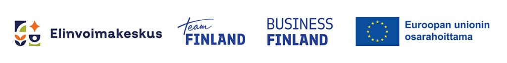 Elinvoimakeskuksen, Team Finlandin, Business Finlandin ja Euroopan unionin osarahoittama -logot.